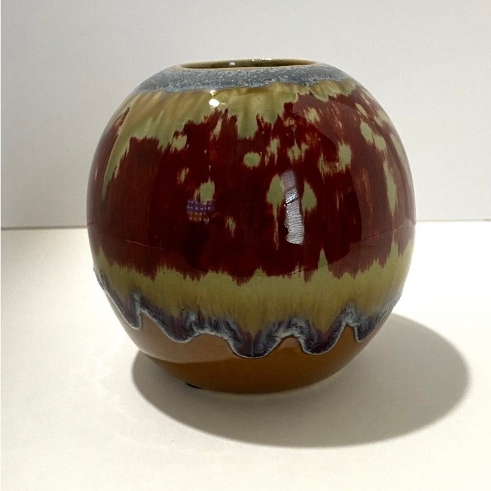 Rust, Tan and Blue Crystalline Drip Glaze Ceramic Round Ball Votive Candleholder